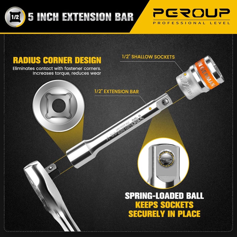 pgroup 20 PCS 1/2" Drive Metric Socket Wrench Set,1/2 Reversible Ratchet Handle，6 Point Shallow Sockets (8-32mm) and Extension Bar 5", CR-V Steel, Car Repair Set - Image 5